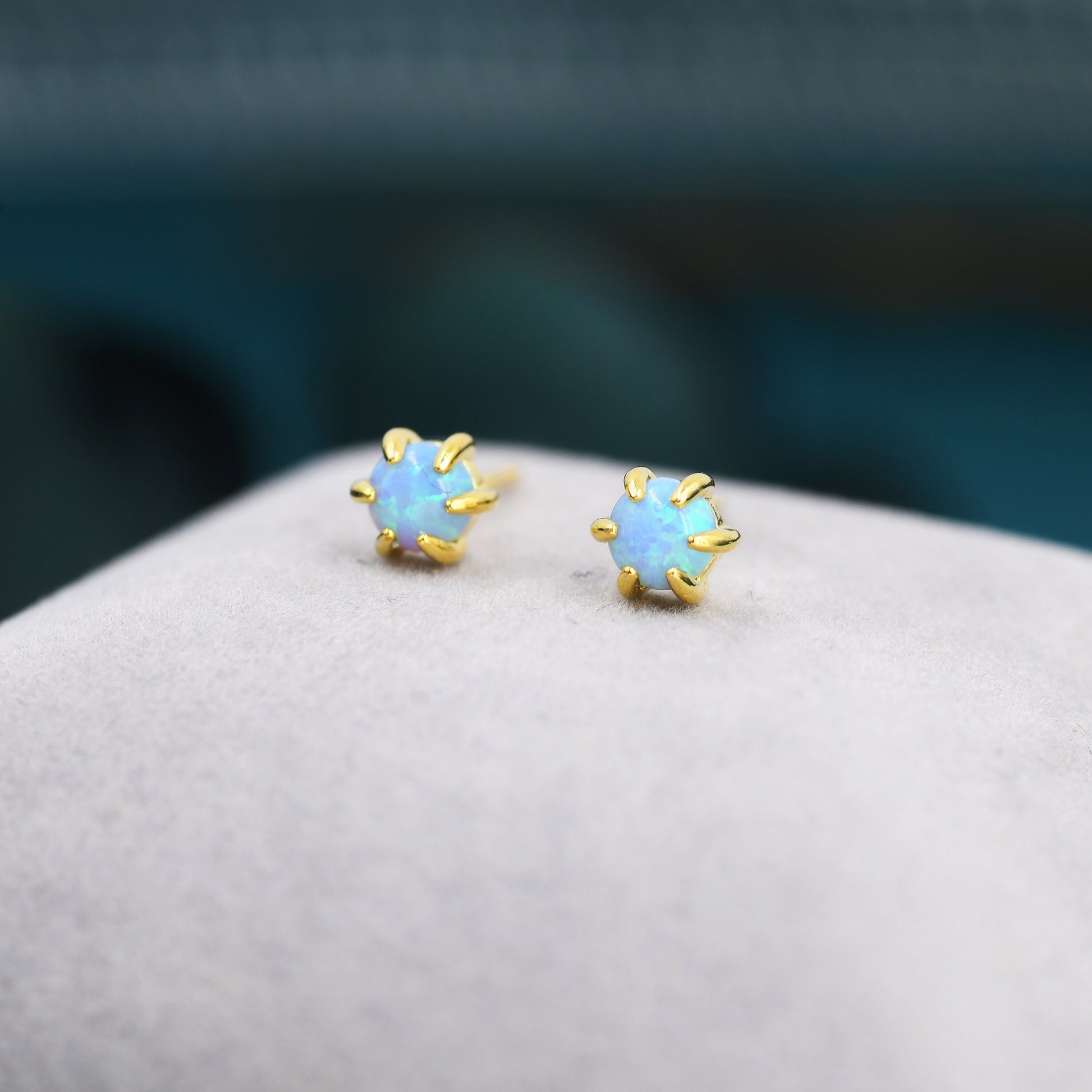 Blue Opal Long Prong Stud Earrings in Sterling Silver, Silver or Gold, 4mm Opal Stone