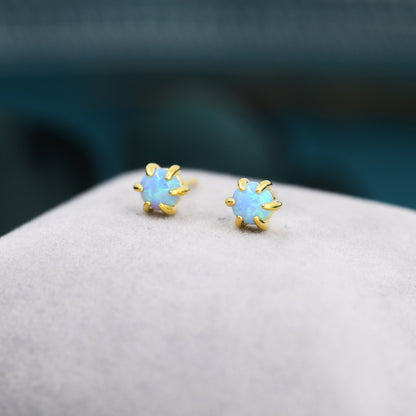 Blue Opal Long Prong Stud Earrings in Sterling Silver, Silver or Gold, 4mm Opal Stone