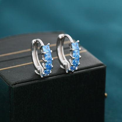 Princess Cut Aquamarine Blue CZ Huggie Hoop in Sterling Silver, Minimalist Simple Hoop Earrings, Blue CZ Hoops