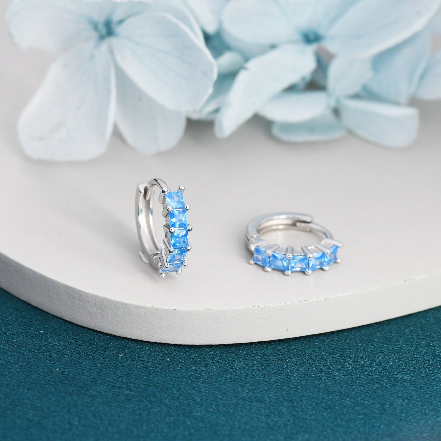 Princess Cut Aquamarine Blue CZ Huggie Hoop in Sterling Silver, Minimalist Simple Hoop Earrings, Blue CZ Hoops