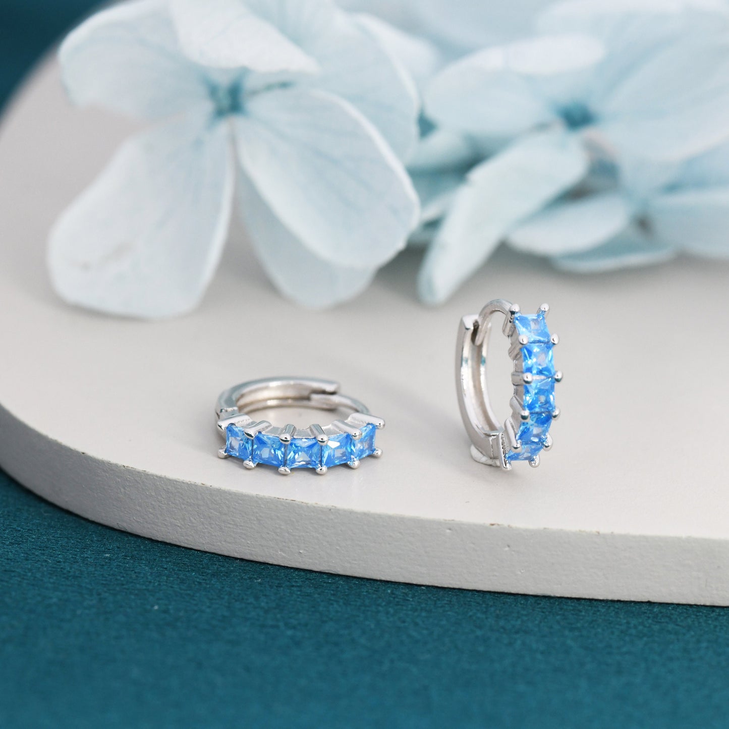 Princess Cut Aquamarine Blue CZ Huggie Hoop in Sterling Silver, Minimalist Simple Hoop Earrings, Blue CZ Hoops