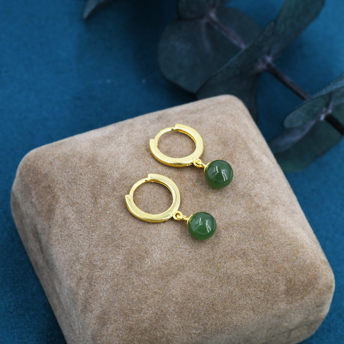 Dangle Jade Huggie Hoops Earrings in Sterling Silver, , Genuine Jade Stones, Silver or Gold, Minimalist Simple Hoop Earrings