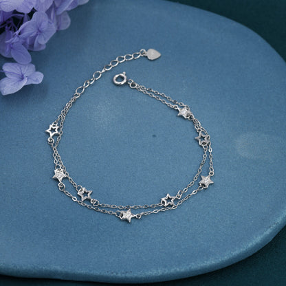 Double Layer Star Bracelet in Sterling Silver, Floating Star Bracelet, Silver Star Bracelet, Tiny Star Bracelet