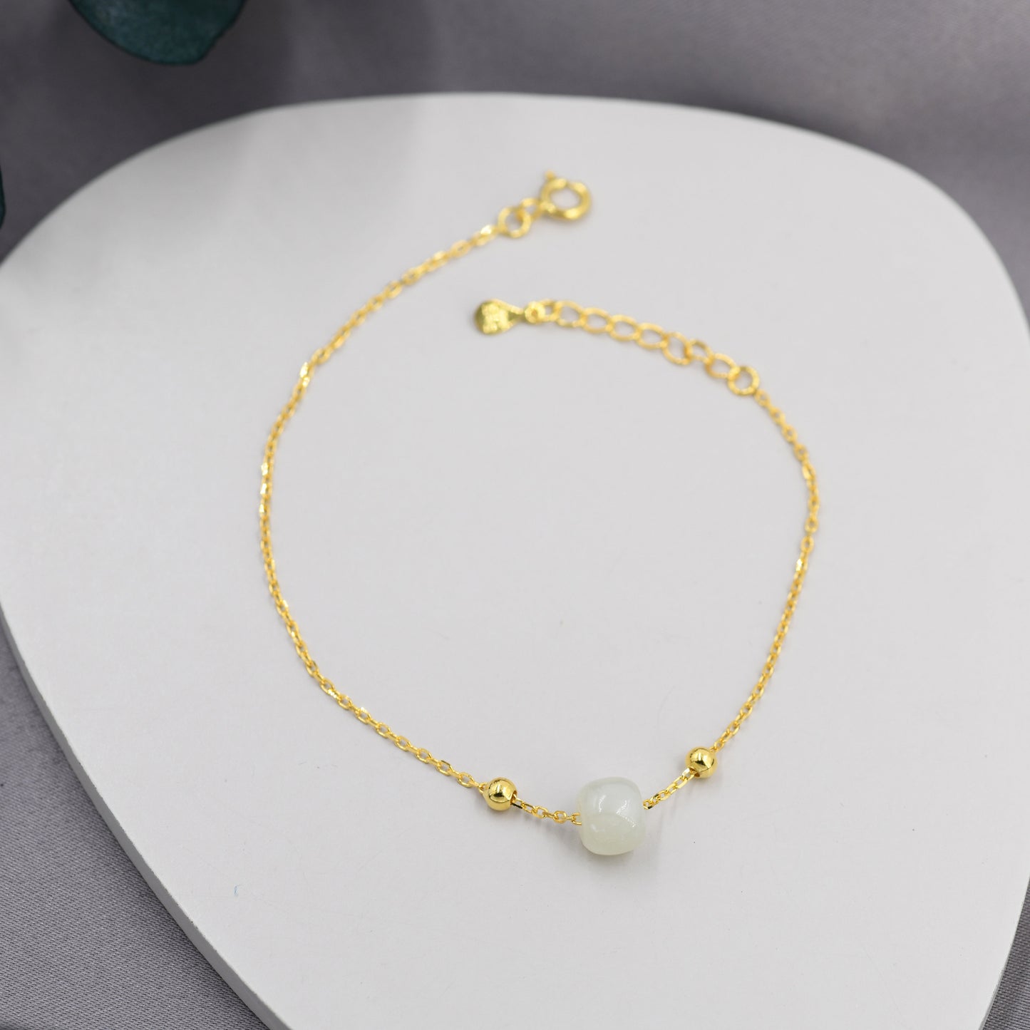 Genuine Milky Jade CZ Floating Bracelet, Silver or Gold, Jade Bracelet, Single Jade Bead Bracelet