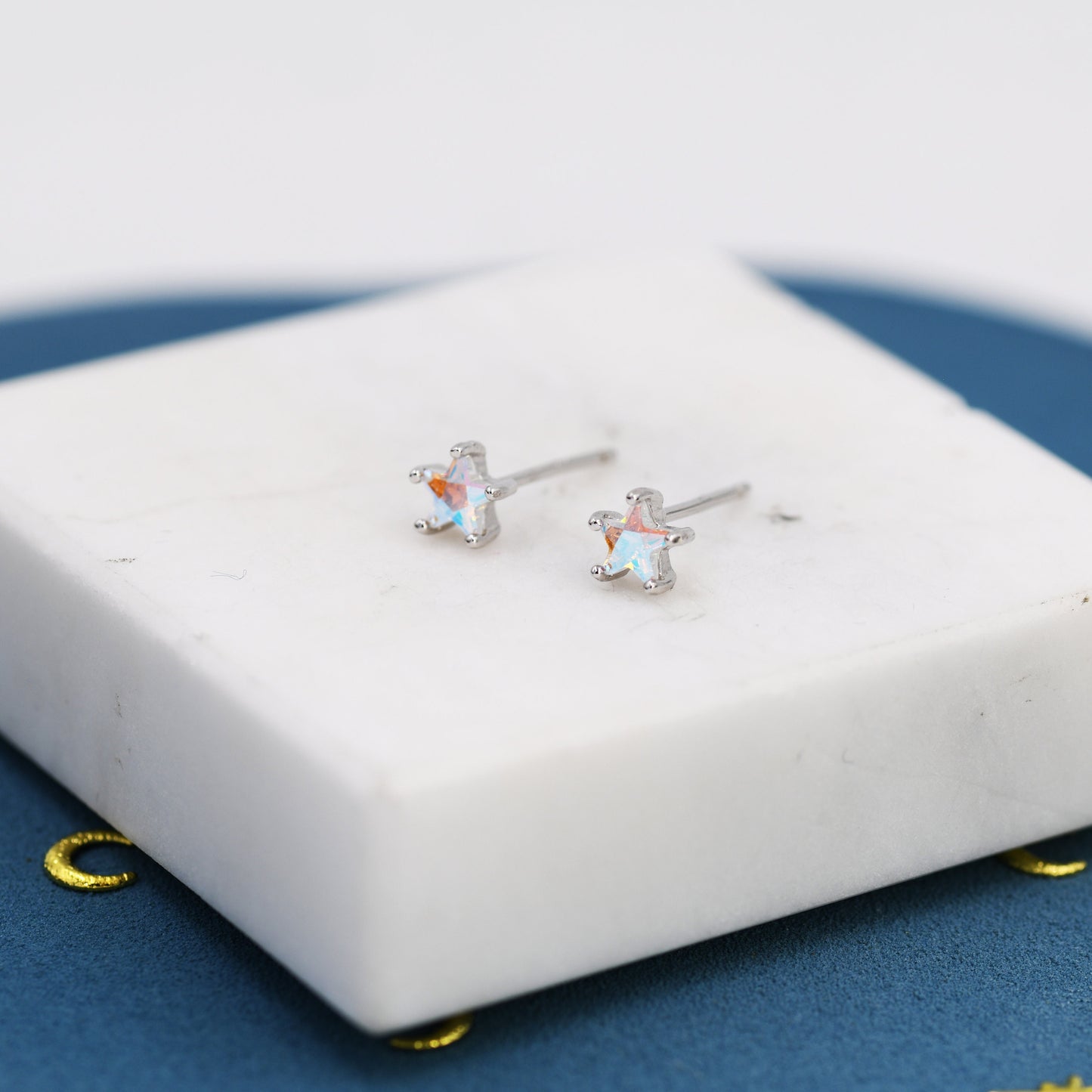 Aurora Borealis AB CZ Star  Stud Earrings in Sterling Silver,  Silver or Gold, AB Crystal Star Earrings, Colour Changing Moonstone Star