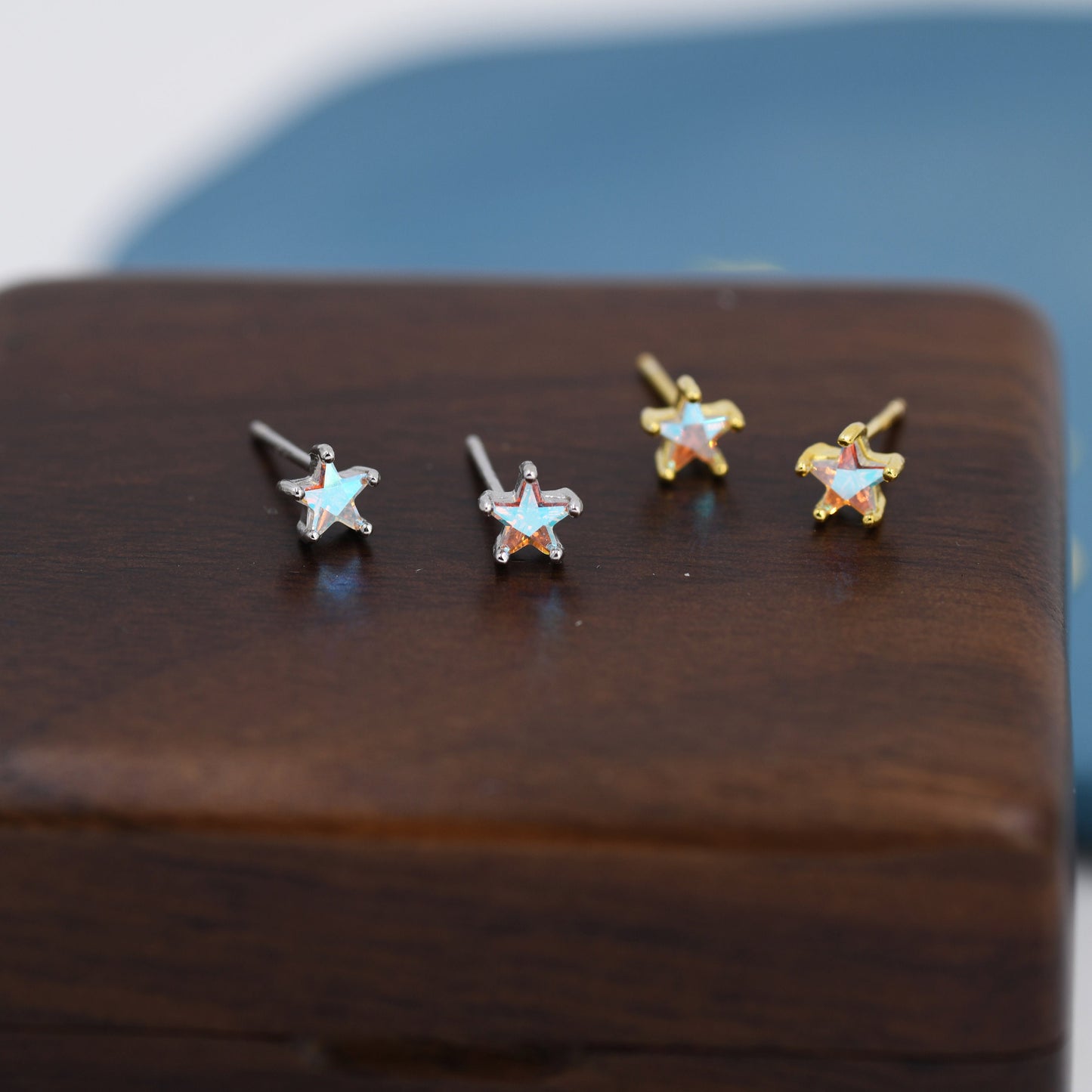 Aurora Borealis AB CZ Star  Stud Earrings in Sterling Silver,  Silver or Gold, AB Crystal Star Earrings, Colour Changing Moonstone Star