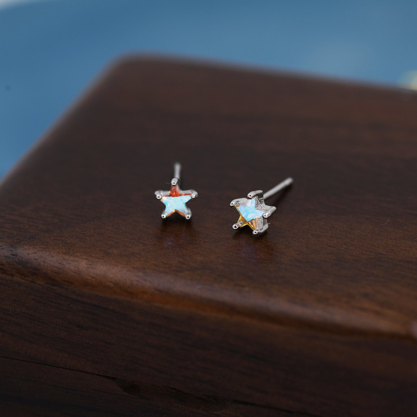 Aurora Borealis AB CZ Star  Stud Earrings in Sterling Silver,  Silver or Gold, AB Crystal Star Earrings, Colour Changing Moonstone Star