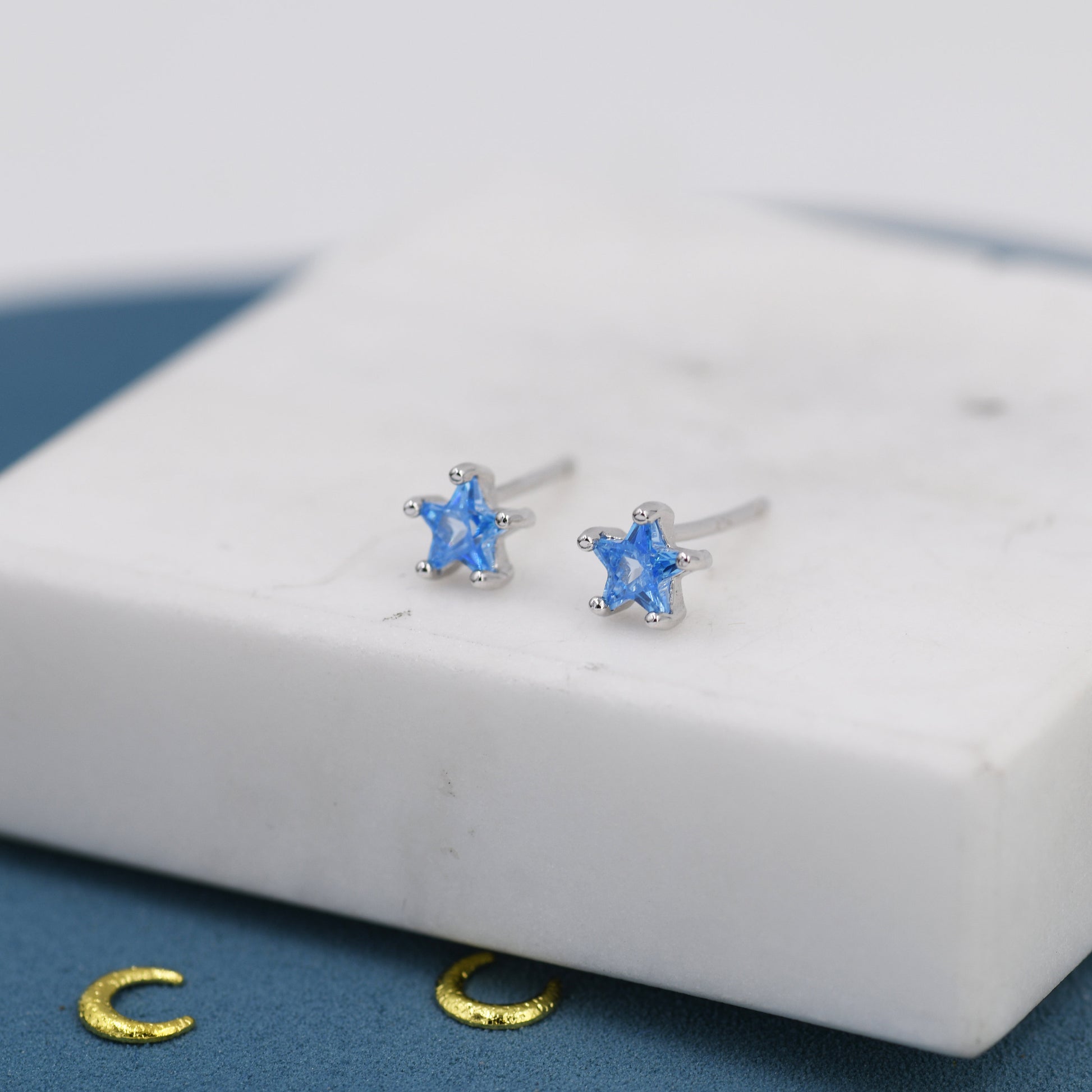 Aquamarine Blue CZ Star Stud Earrings in Sterling Silver, Silver or Gold, Blue Star CZ Earrings