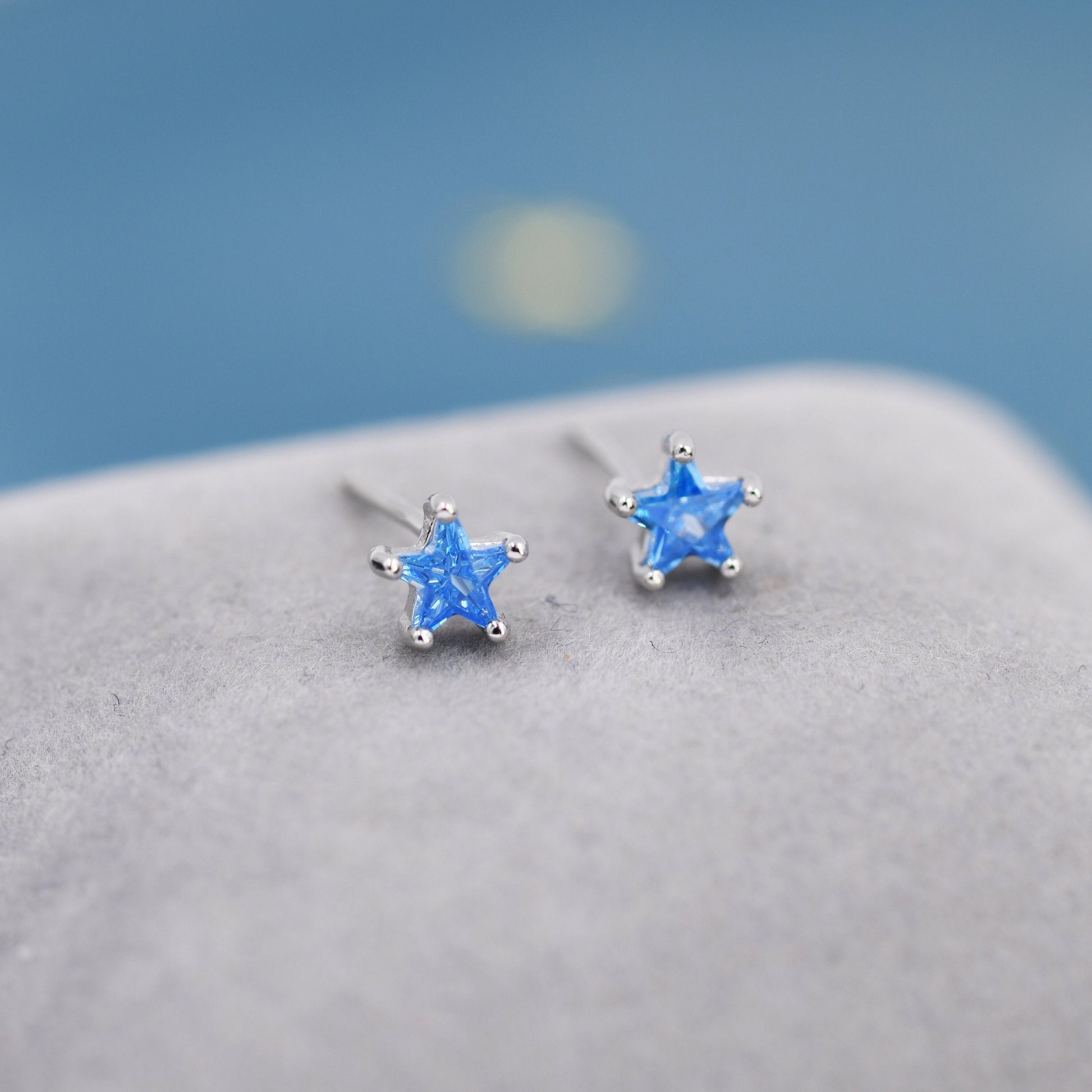 Aquamarine Blue CZ Star Stud Earrings in Sterling Silver, Silver or Gold, Blue Star CZ Earrings