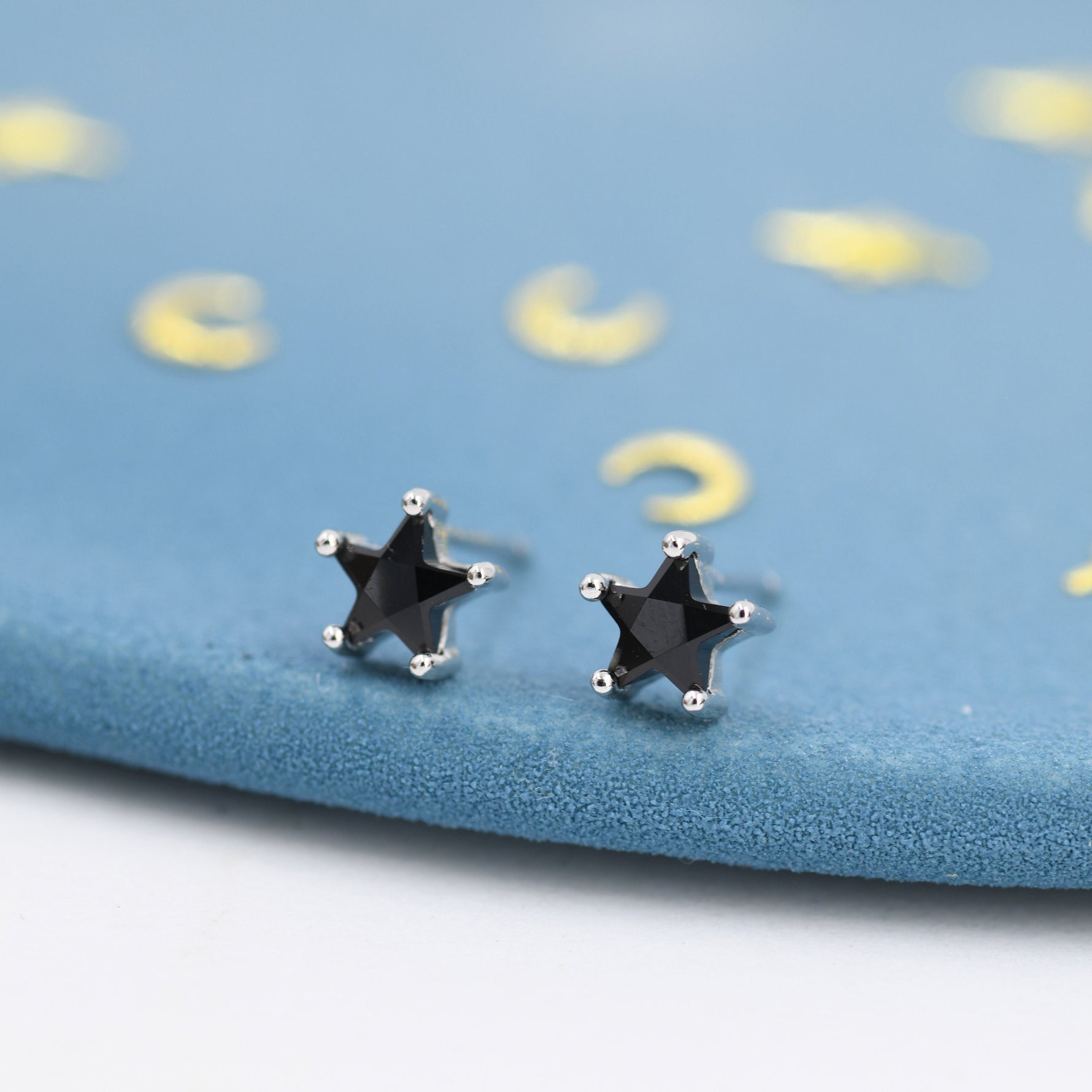 Black CZ Star Stud Earrings in Sterling Silver, Silver or Gold, Black Star Earrings, Solid Silver Black Crystal Star Earrings