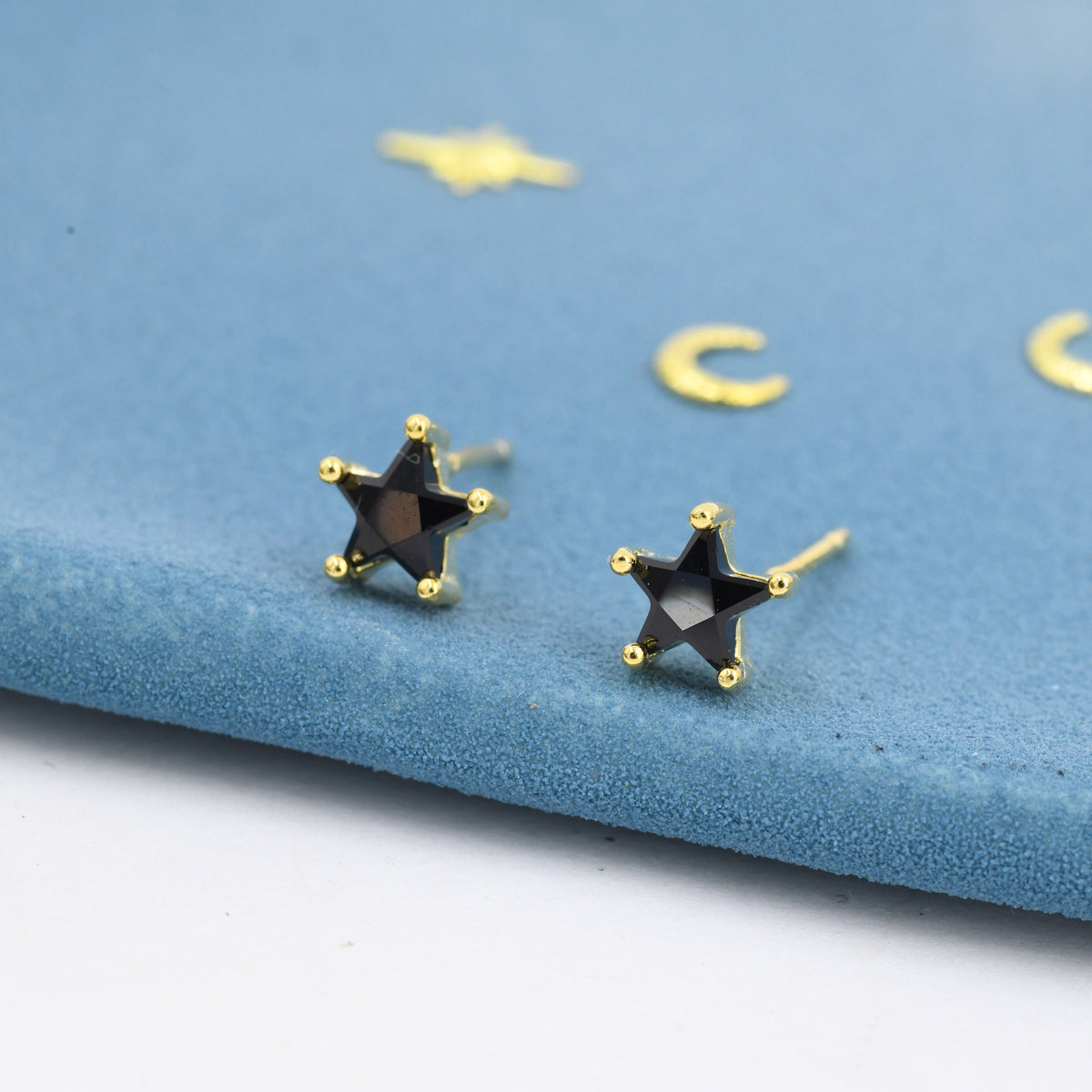 Black CZ Star Stud Earrings in Sterling Silver, Silver or Gold, Black Star Earrings, Solid Silver Black Crystal Star Earrings