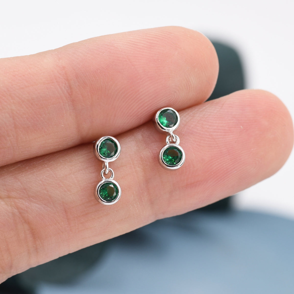 Emerald Green Double CZ Dangle Stud Earrings in Sterling Silver, Silver or Gold, Two CZ Bezel Earrings, Solid Silver Crystal Earrings