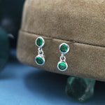 Emerald Green Double CZ Dangle Stud Earrings in Sterling Silver, Silver or Gold, Two CZ Bezel Earrings, Solid Silver Crystal Earrings