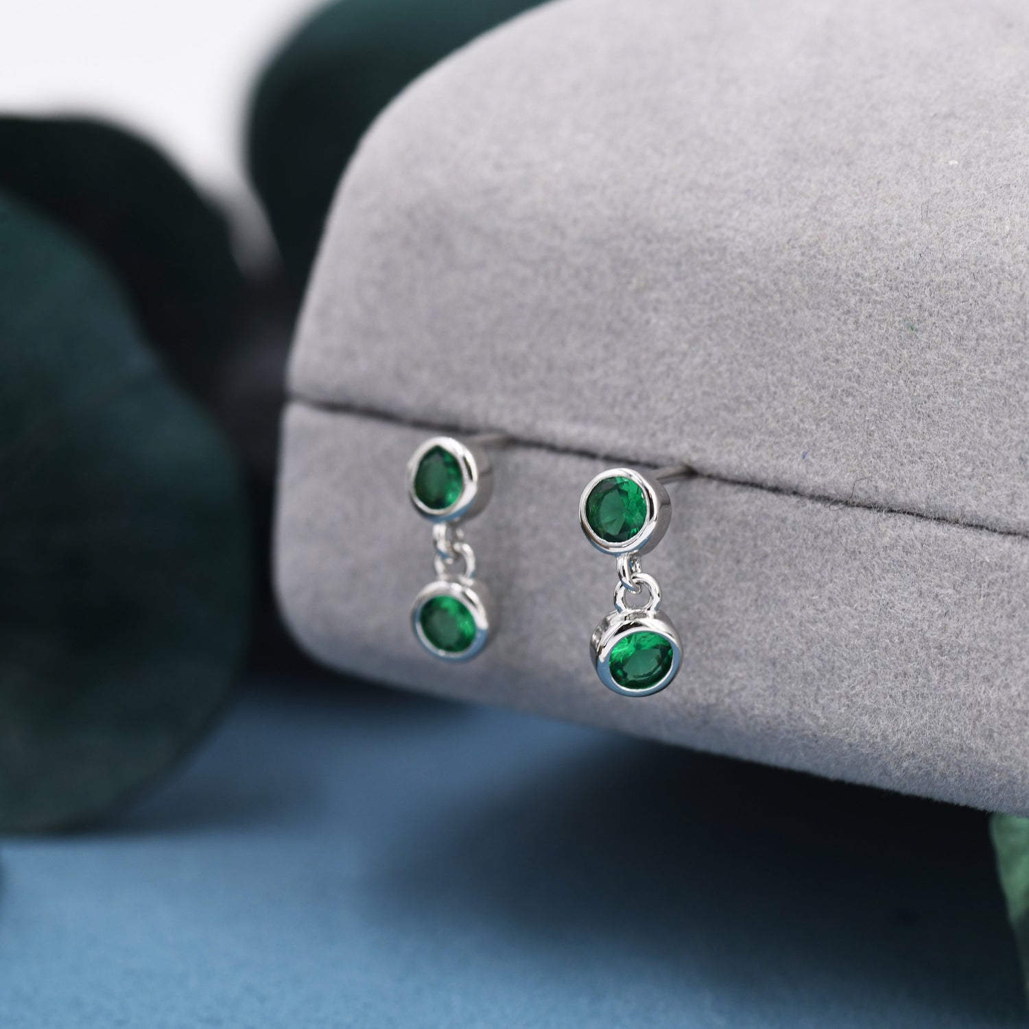 Emerald Green Double CZ Dangle Stud Earrings in Sterling Silver, Silver or Gold, Two CZ Bezel Earrings, Solid Silver Crystal Earrings