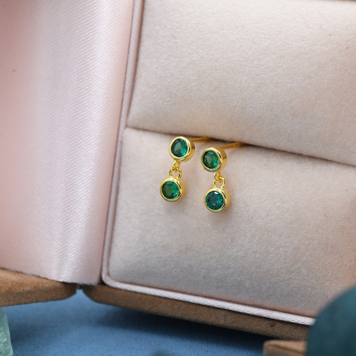 Emerald Green Double CZ Dangle Stud Earrings in Sterling Silver, Silver or Gold, Two CZ Bezel Earrings, Solid Silver Crystal Earrings