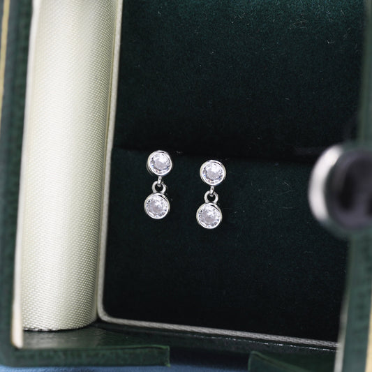 Double CZ Dangle Stud Earrings in Sterling Silver, Silver or Gold, Two CZ Bezel Earrings, Solid Silver Crystal Earrings