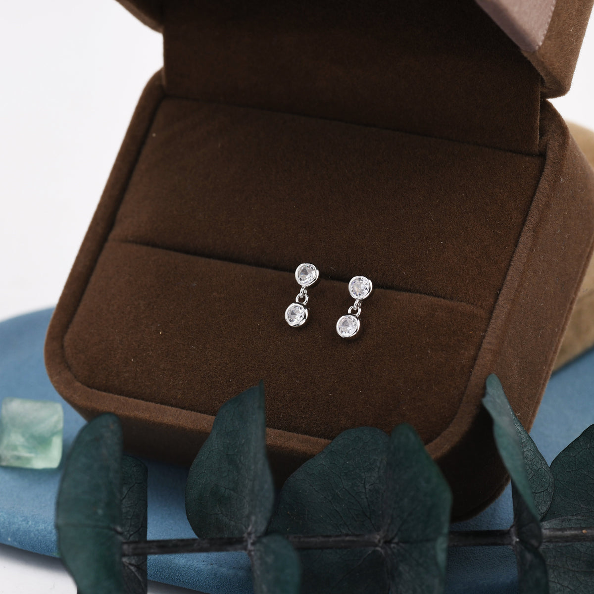 Double CZ Dangle Stud Earrings in Sterling Silver, Silver or Gold, Two CZ Bezel Earrings, Solid Silver Crystal Earrings