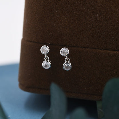 Double CZ Dangle Stud Earrings in Sterling Silver, Silver or Gold, Two CZ Bezel Earrings, Solid Silver Crystal Earrings