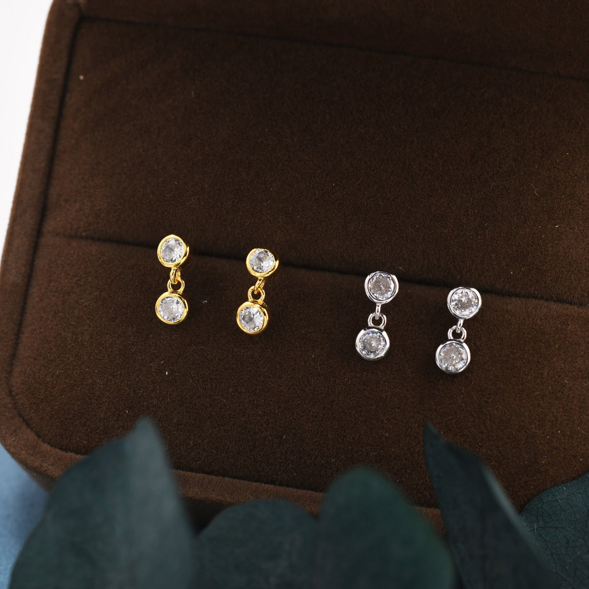Double CZ Dangle Stud Earrings in Sterling Silver, Silver or Gold, Two CZ Bezel Earrings, Solid Silver Crystal Earrings
