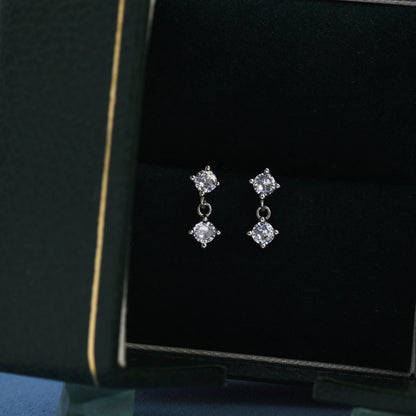 Tiny Double CZ Dangle Stud Earrings in Sterling Silver, Silver or Gold, Two CZ Prong Set Earrings, Solid Silver Crystal Earrings