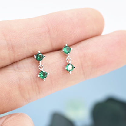 Tiny Emerald Green Double CZ Dangle Stud Earrings in Sterling Silver, Silver or Gold, Two CZ Prong Earrings, Solid Silver Crystal Earring