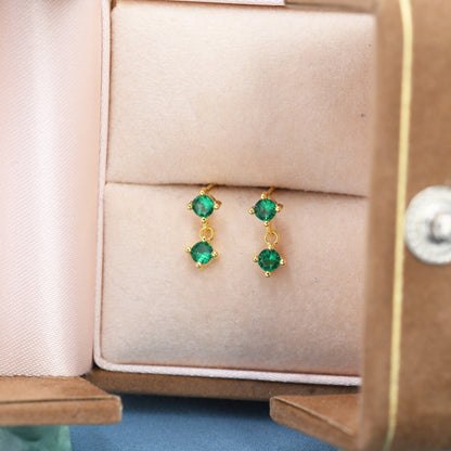 Tiny Emerald Green Double CZ Dangle Stud Earrings in Sterling Silver, Silver or Gold, Two CZ Prong Earrings, Solid Silver Crystal Earring