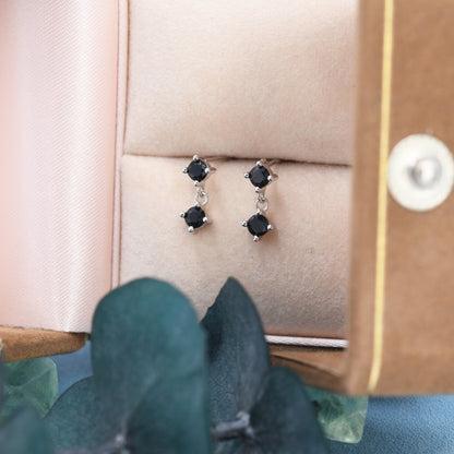 Tiny Double Black CZ Dangle Stud Earrings in Sterling Silver, Silver or Gold, Two CZ Prong Earrings, Solid Silver Black Crystal Earrings