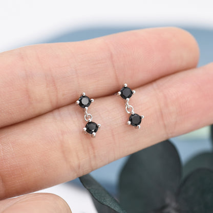 Tiny Double Black CZ Dangle Stud Earrings in Sterling Silver, Silver or Gold, Two CZ Prong Earrings, Solid Silver Black Crystal Earrings