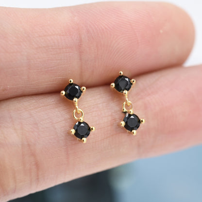 Tiny Double Black CZ Dangle Stud Earrings in Sterling Silver, Silver or Gold, Two CZ Prong Earrings, Solid Silver Black Crystal Earrings