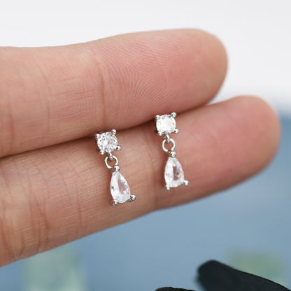 Tiny CZ Dangle Round and Droplet Stud Earrings in Sterling Silver, Silver or Gold, Two CZ Prong Set Earrings, Solid Silver Crystal Earrings