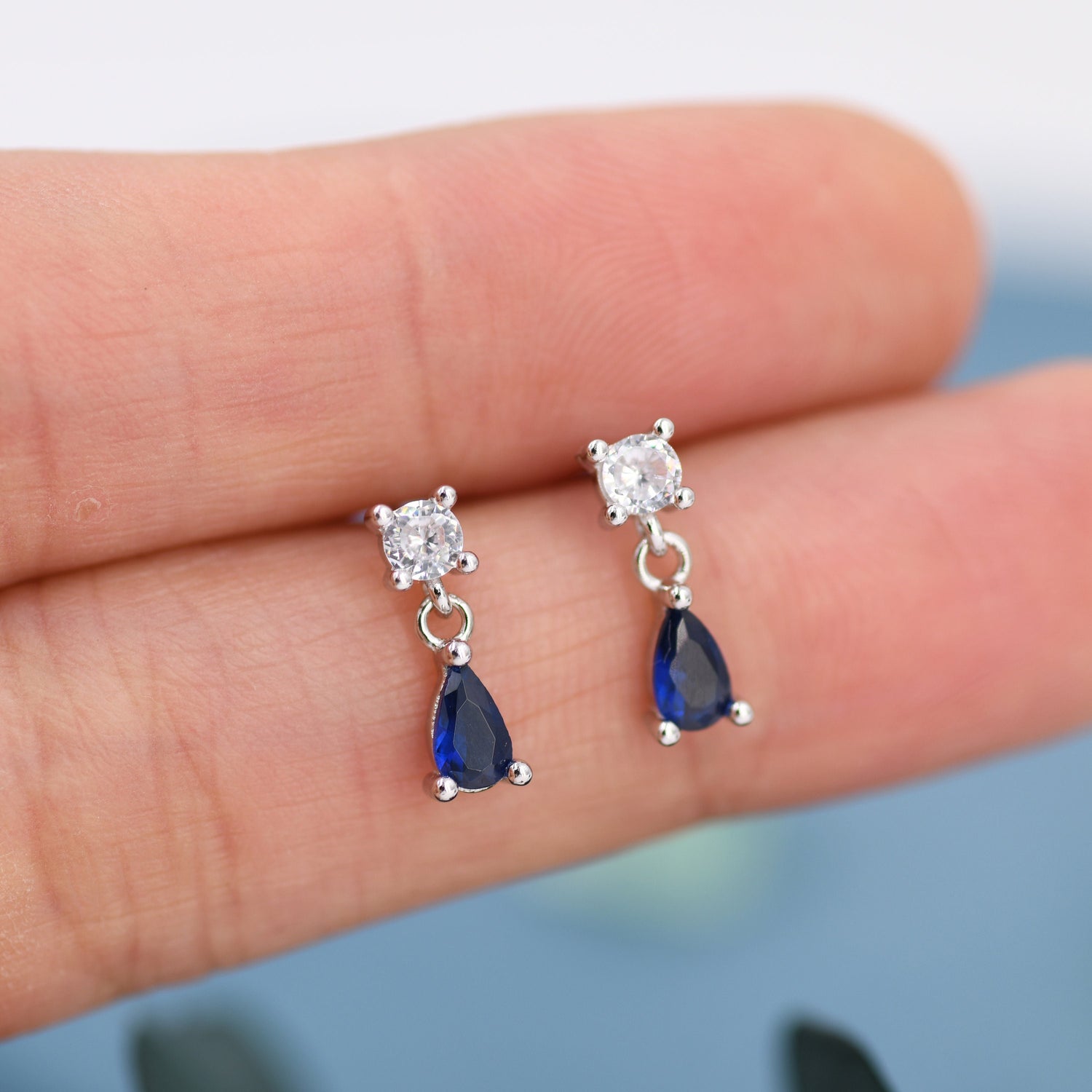 Tiny Sapphire Blue CZ Dangle Stud Earrings in Sterling Silver with Round and Droplet CZ, Silver or Gold, Two CZ Prong Set Earrings