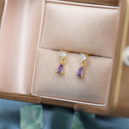 Tiny Amethyst Purple CZ Dangle Stud Earrings in Sterling Silver with Round and Droplet CZ, Silver or Gold, Two CZ Prong Set Earrings