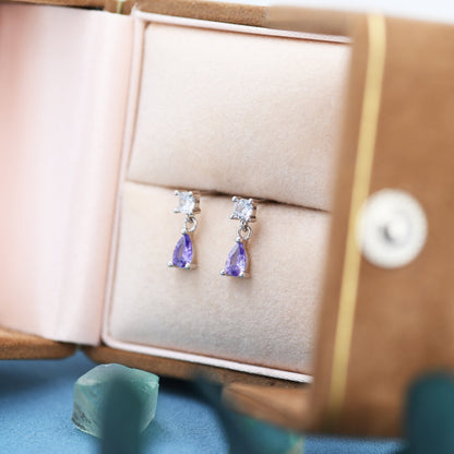 Tiny Amethyst Purple CZ Dangle Stud Earrings in Sterling Silver with Round and Droplet CZ, Silver or Gold, Two CZ Prong Set Earrings