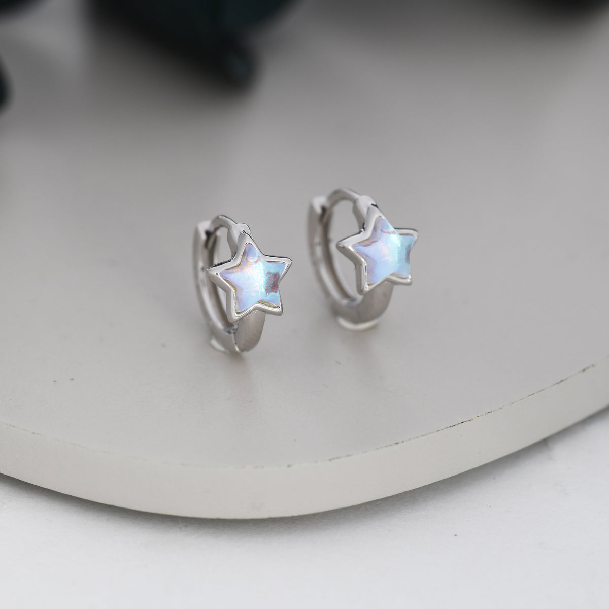 Moonstone Star Huggie Hoop Earrings in Sterling Silver, Silver or Gold, Simulated Moonstone Star Hoops, Celestial Earrings, Star Earrings