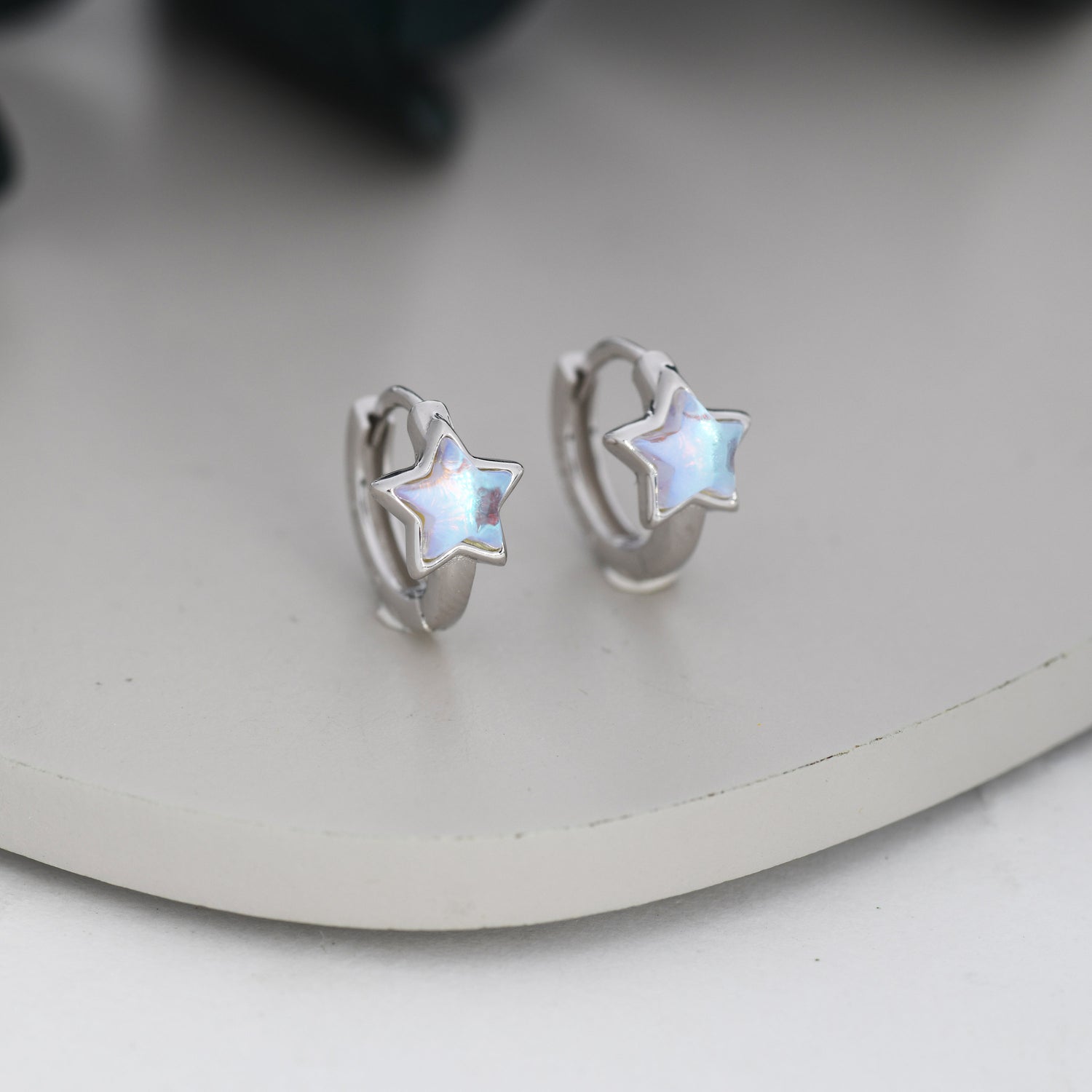 Moonstone Star Huggie Hoop Earrings in Sterling Silver, Silver or Gold, Simulated Moonstone Star Hoops, Celestial Earrings, Star Earrings