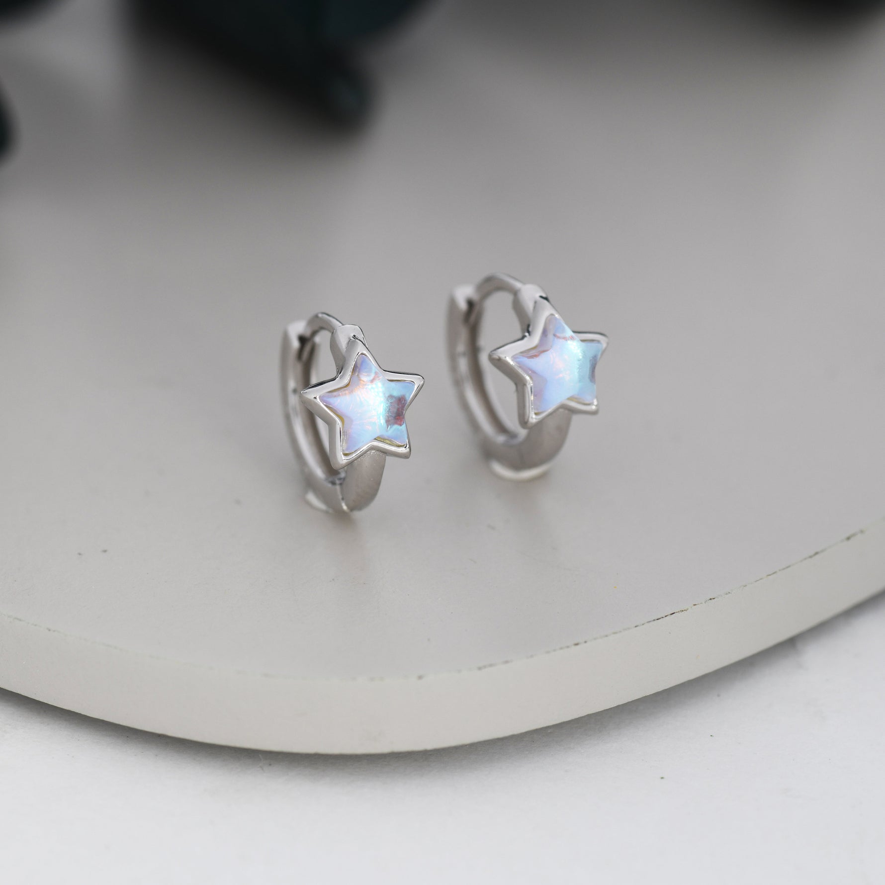 Moonstone Star Huggie Hoop Earrings in Sterling Silver, Silver or Gold, Simulated Moonstone Star Hoops, Celestial Earrings, Star Earrings