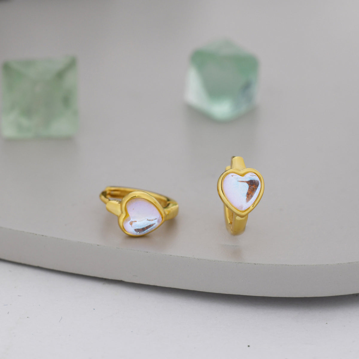Moonstone Heart Huggie Hoop Earrings in Sterling Silver, Silver or Gold, Simulated Moonstone Heart Hoops, Heart Hoops