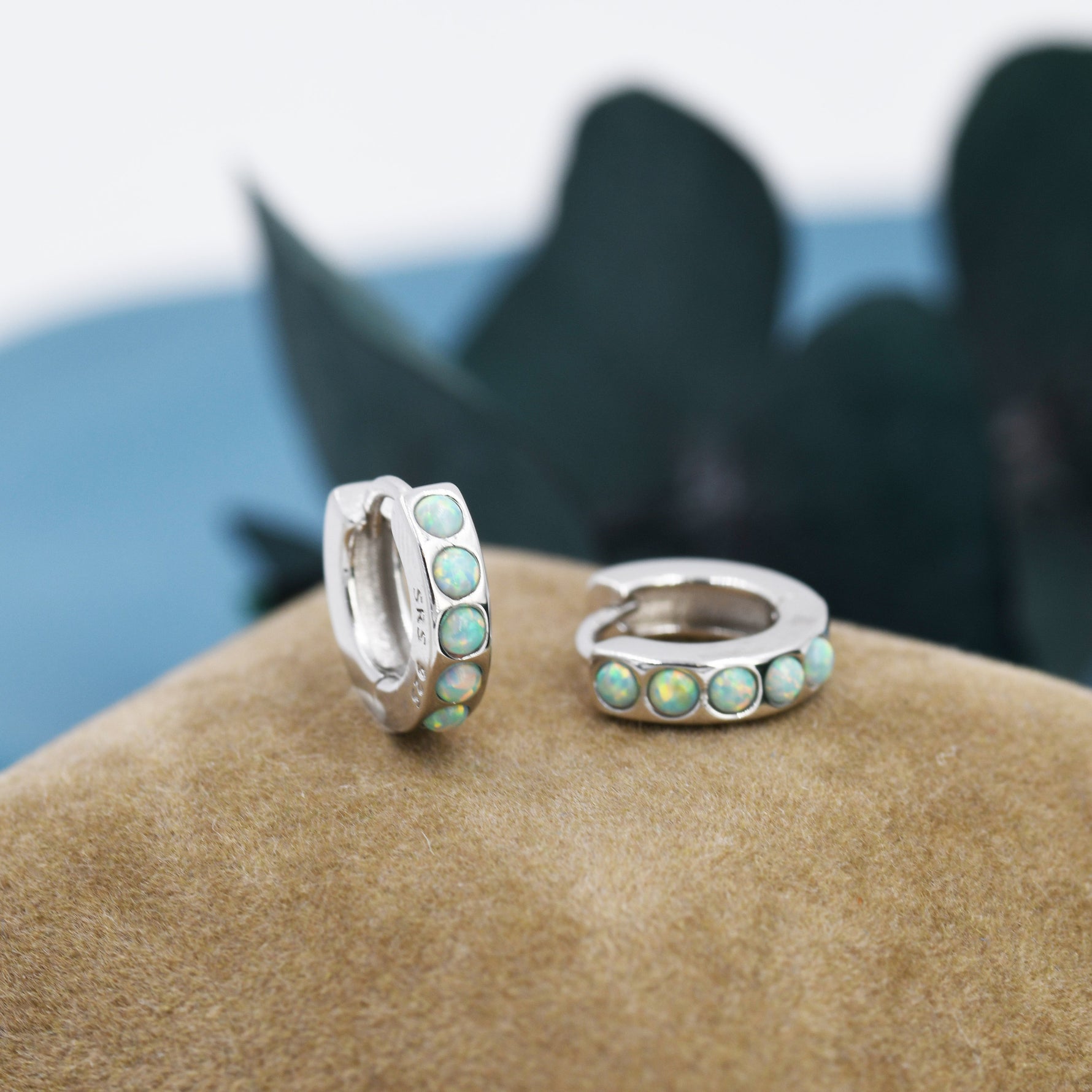 Mystic Green Opal Huggie Hoop Earrings in Sterling Silver, Silver or Gold, Lab Opal Hoops