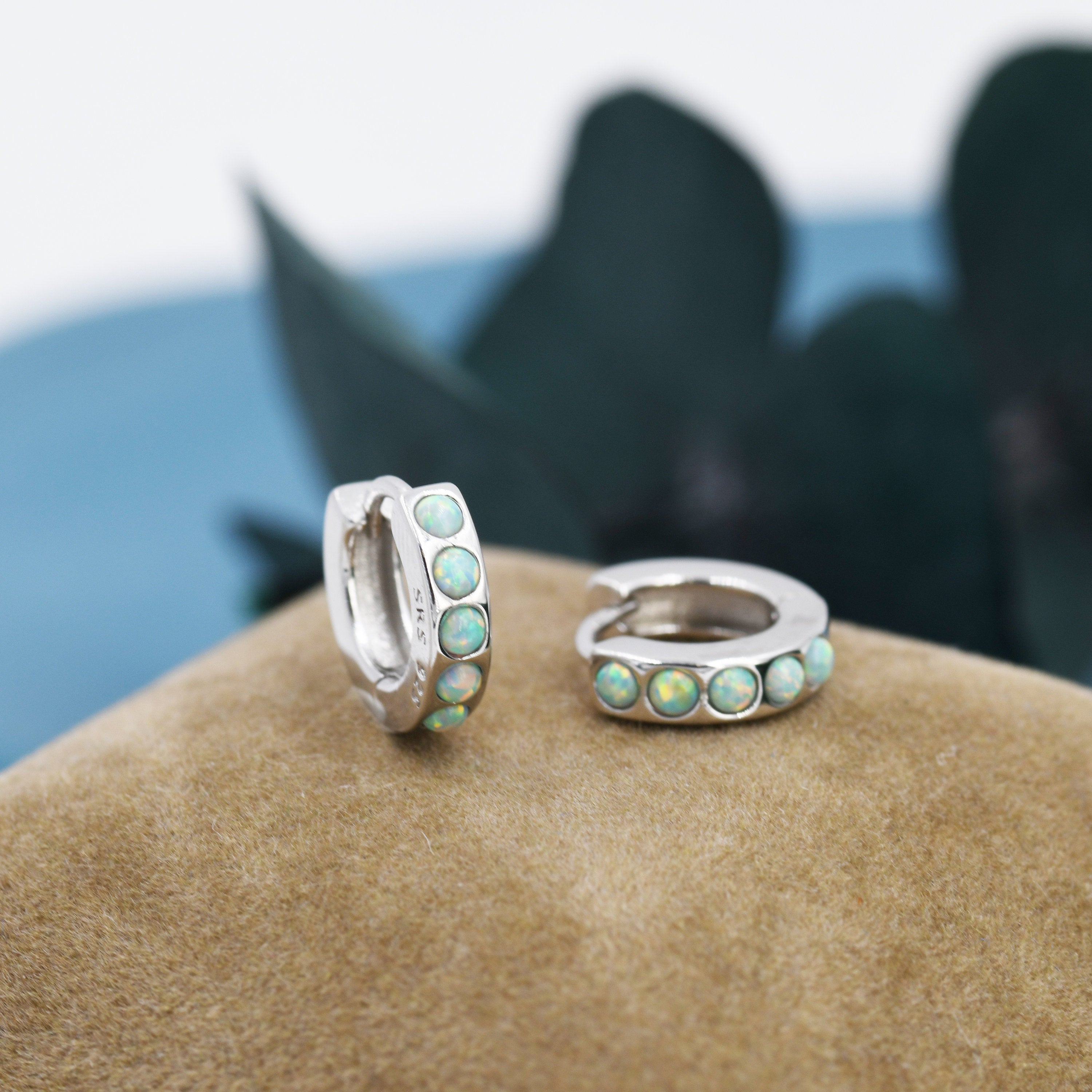 Silver 2024 Green Opal Hoop Earrings