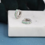 Mystic Green Opal Huggie Hoop Earrings in Sterling Silver, Silver or Gold, Lab Opal Hoops