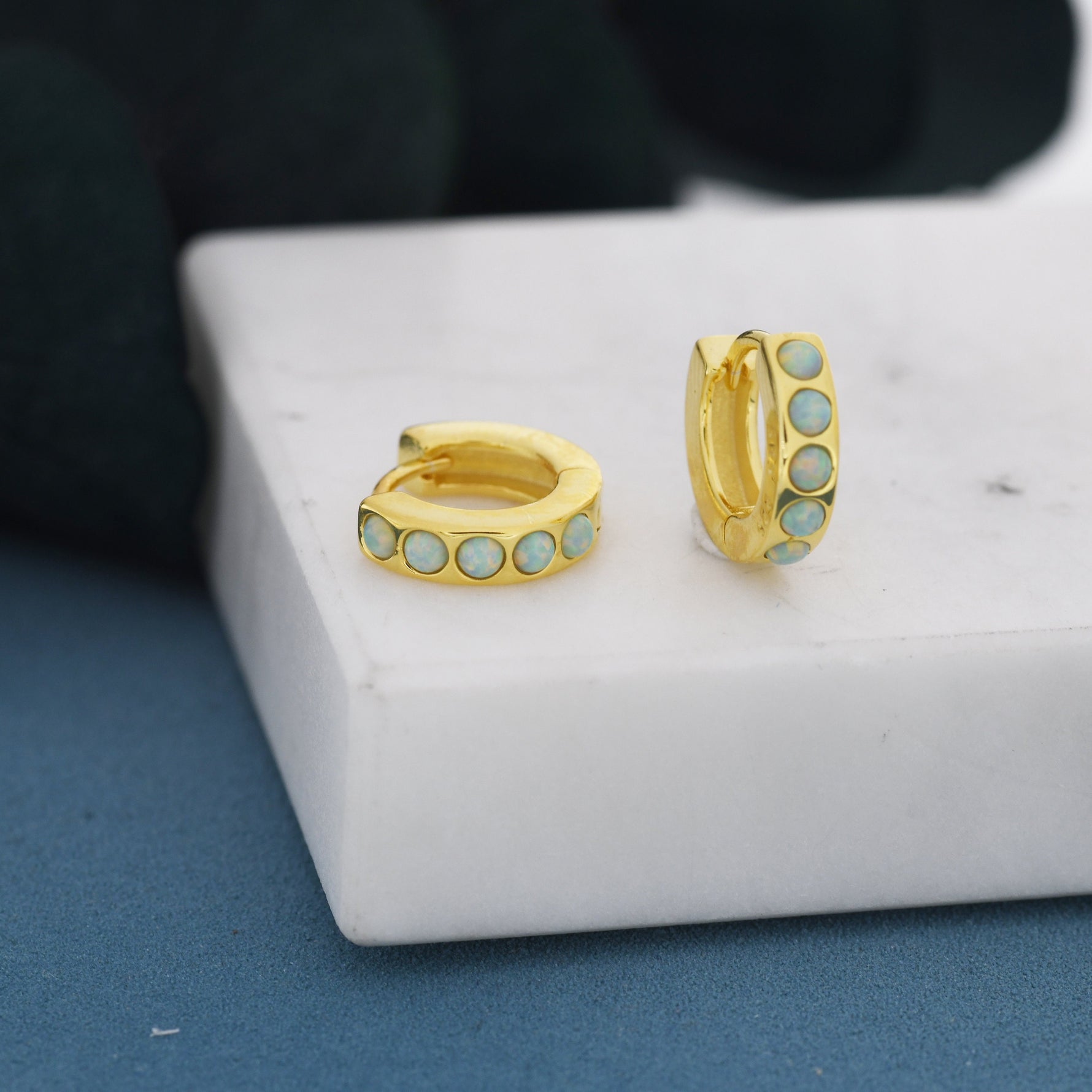 Mystic Green Opal Huggie Hoop Earrings in Sterling Silver, Silver or Gold, Lab Opal Hoops