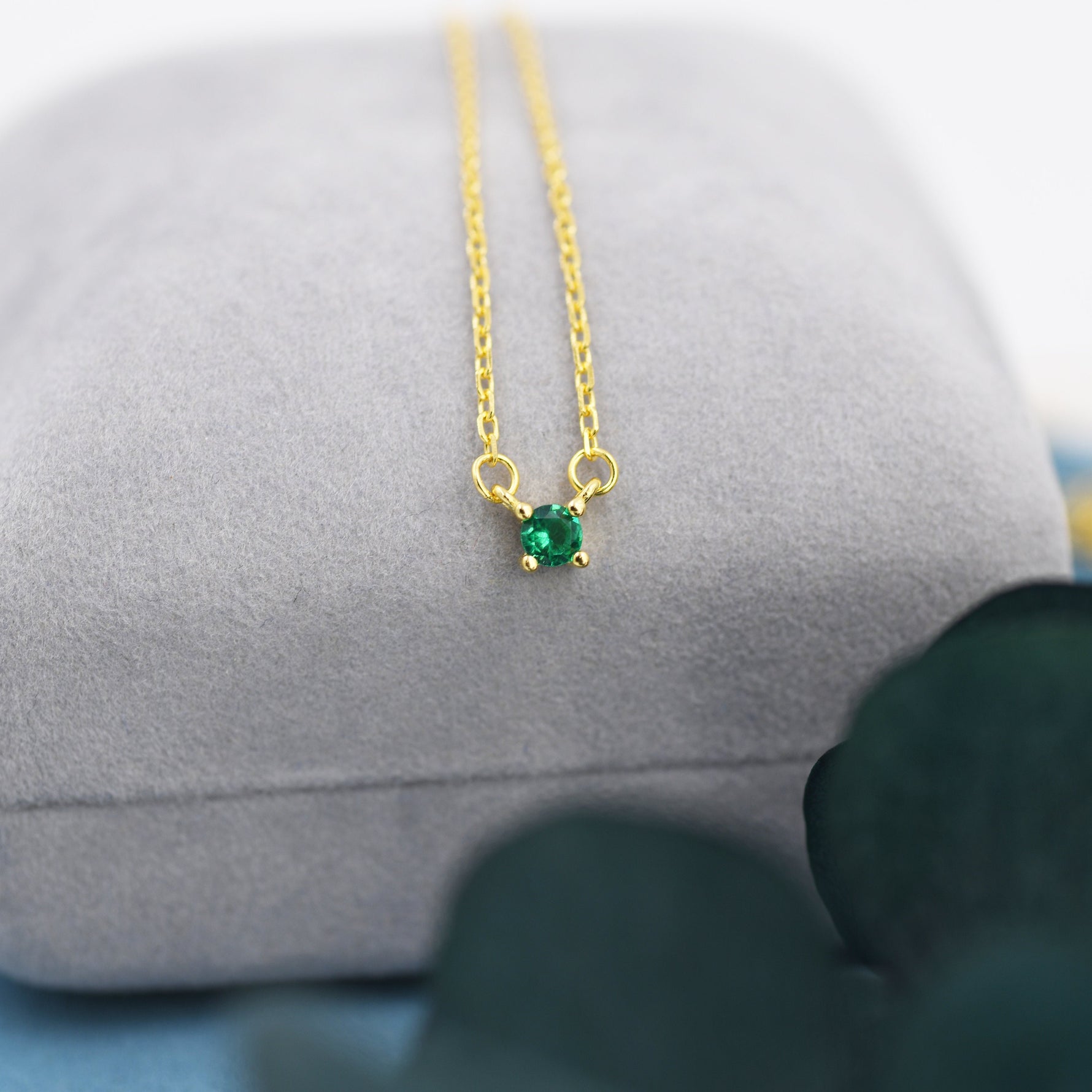 Extra Tiny Emerald Green CZ Necklace in Sterling Silver, Silver or Gold, Diamond Cut CZ Pendant Necklace, May Birthstone
