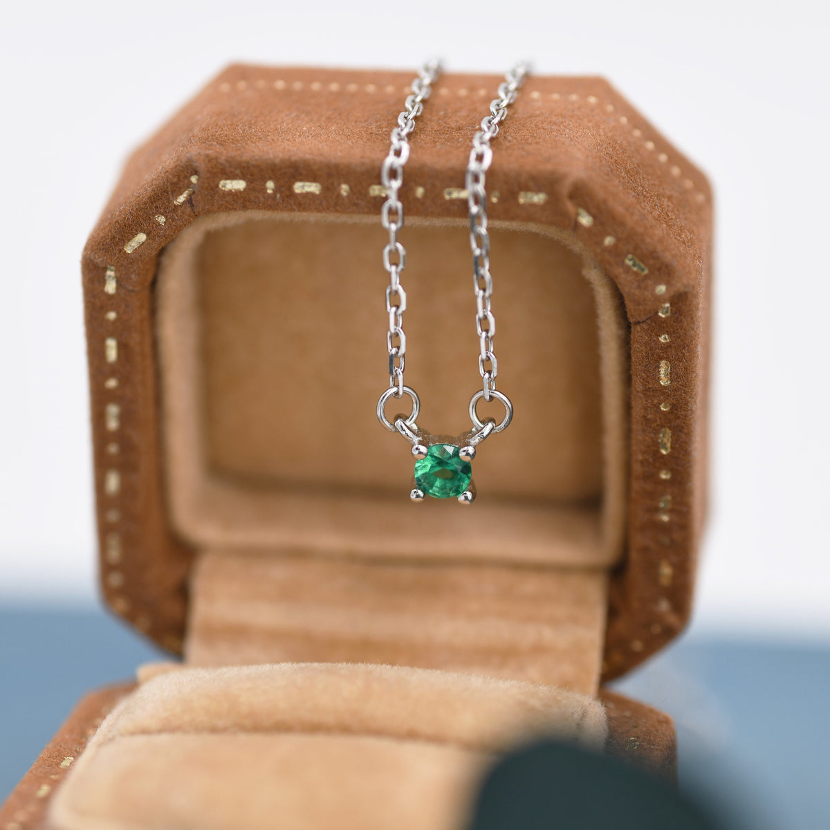 Extra Tiny Emerald Green CZ Necklace in Sterling Silver, Silver or Gold, Diamond Cut CZ Pendant Necklace, May Birthstone