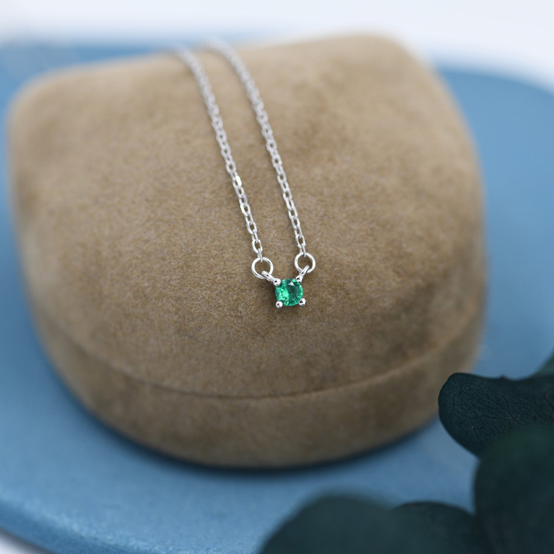Extra Tiny Emerald Green CZ Necklace in Sterling Silver, Silver or Gold, Diamond Cut CZ Pendant Necklace, May Birthstone