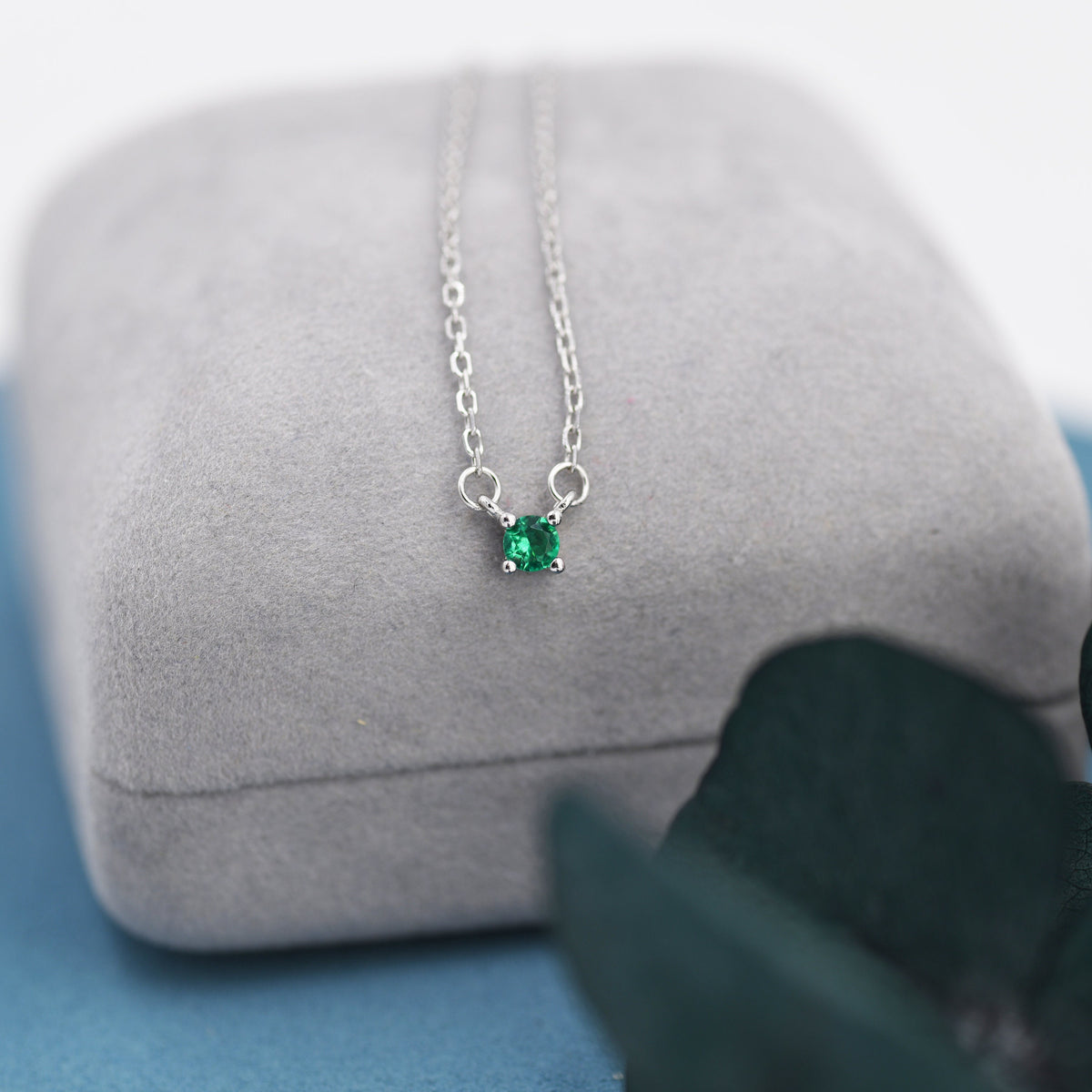 Extra Tiny Emerald Green CZ Necklace in Sterling Silver, Silver or Gold, Diamond Cut CZ Pendant Necklace, May Birthstone