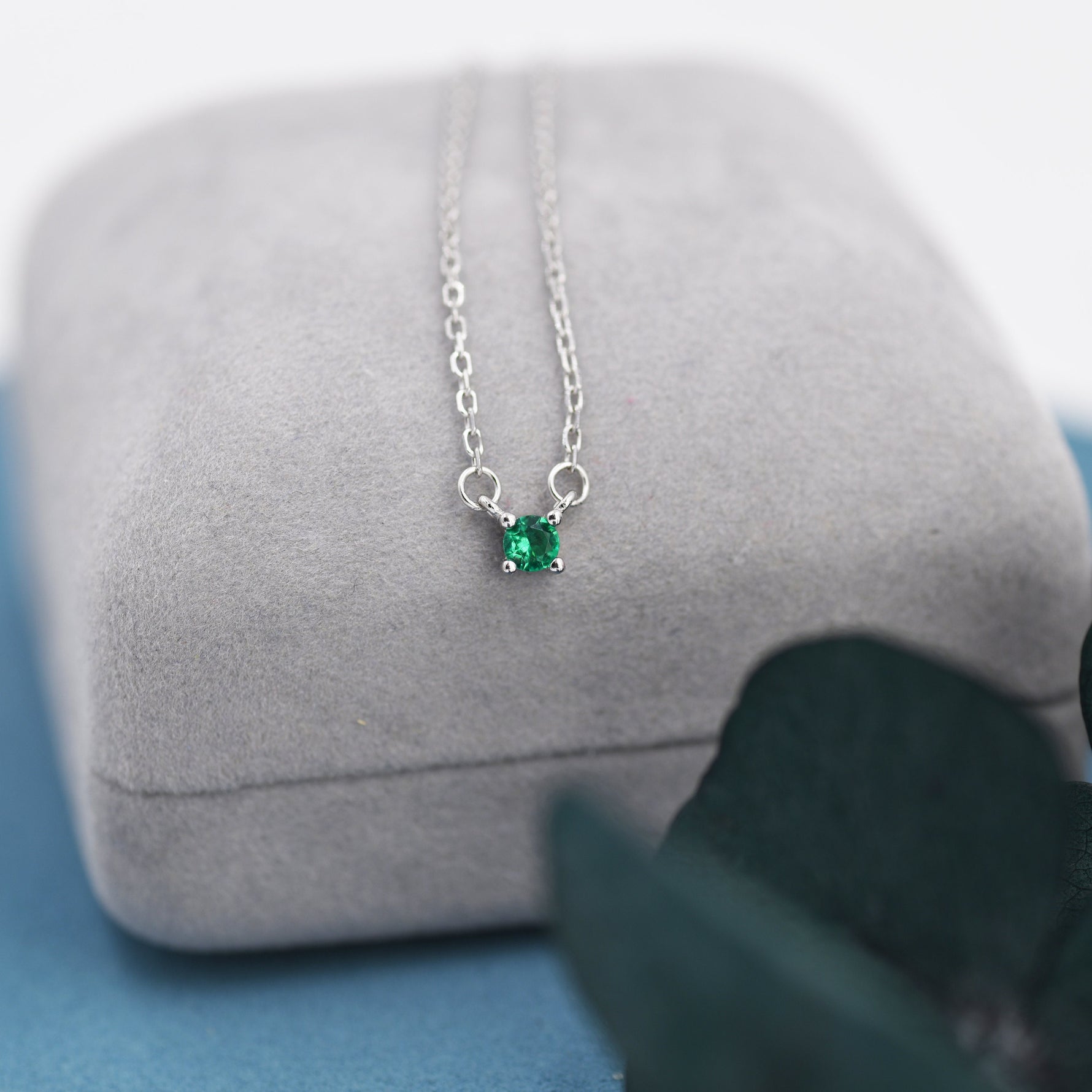 Extra Tiny Emerald Green CZ Necklace in Sterling Silver, Silver or Gold, Diamond Cut CZ Pendant Necklace, May Birthstone
