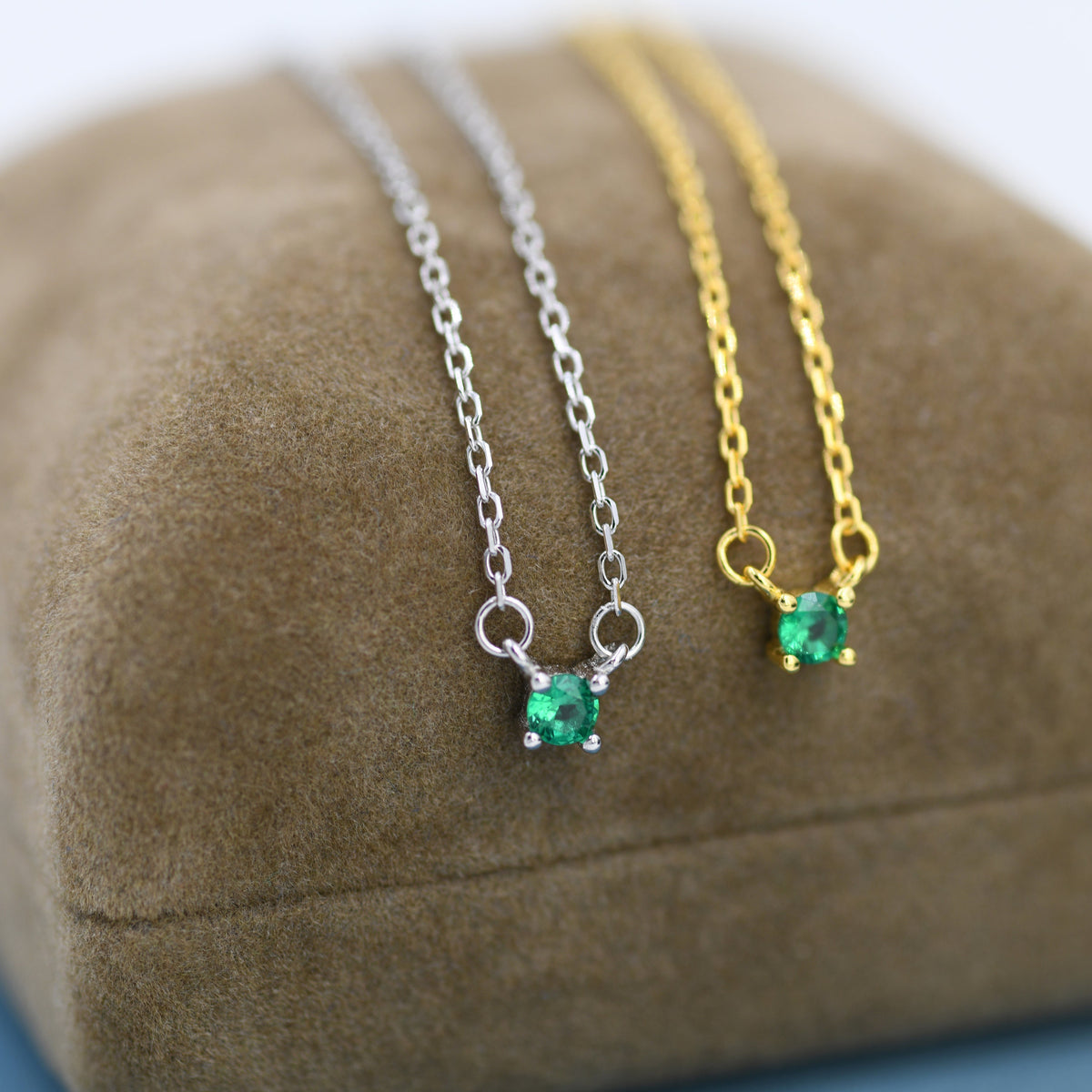 Extra Tiny Emerald Green CZ Necklace in Sterling Silver, Silver or Gold, Diamond Cut CZ Pendant Necklace, May Birthstone