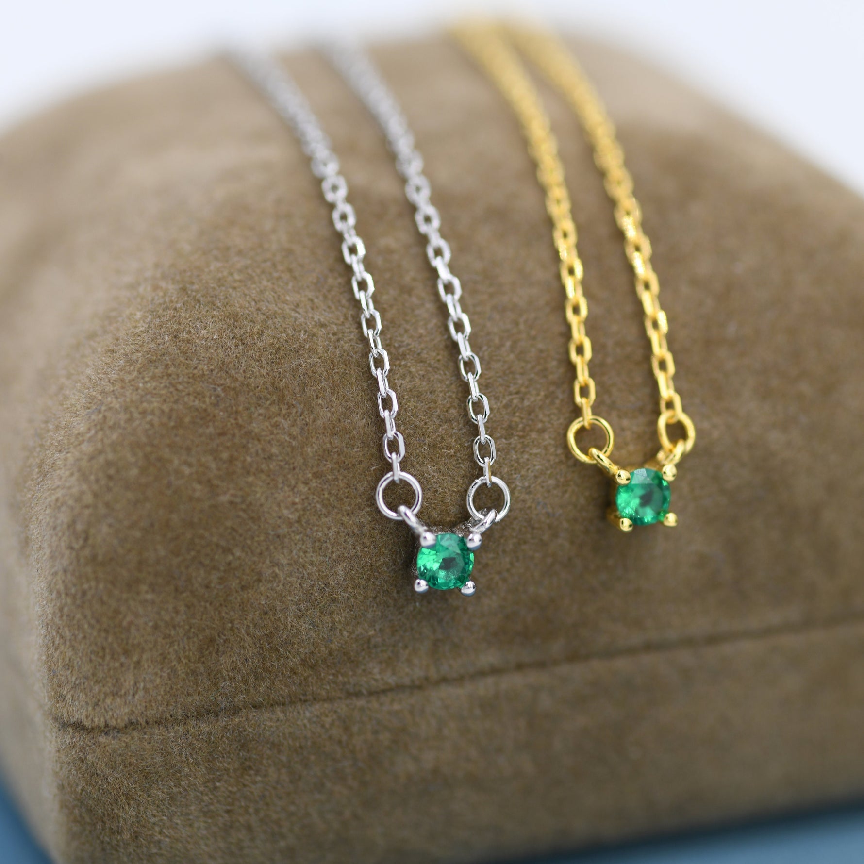 Extra Tiny Emerald Green CZ Necklace in Sterling Silver, Silver or Gold, Diamond Cut CZ Pendant Necklace, May Birthstone