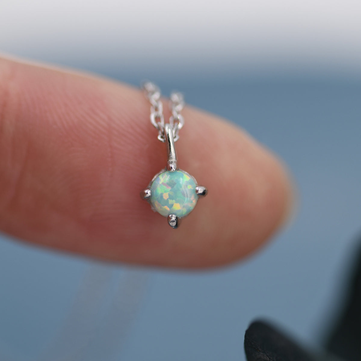 Very Small Green Opal Pendant Necklace in Sterling Silver, Silver or Gold, 5mm Lab Opal Necklace, Single Opal Necklace, Fire Opal Necklace