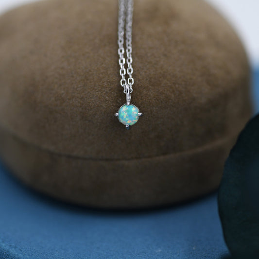 Very Small Green Opal Pendant Necklace in Sterling Silver, Silver or Gold, 5mm Lab Opal Necklace, Single Opal Necklace, Fire Opal Necklace